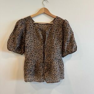 Brown Animal Print Front Tie Bow Babydoll Top